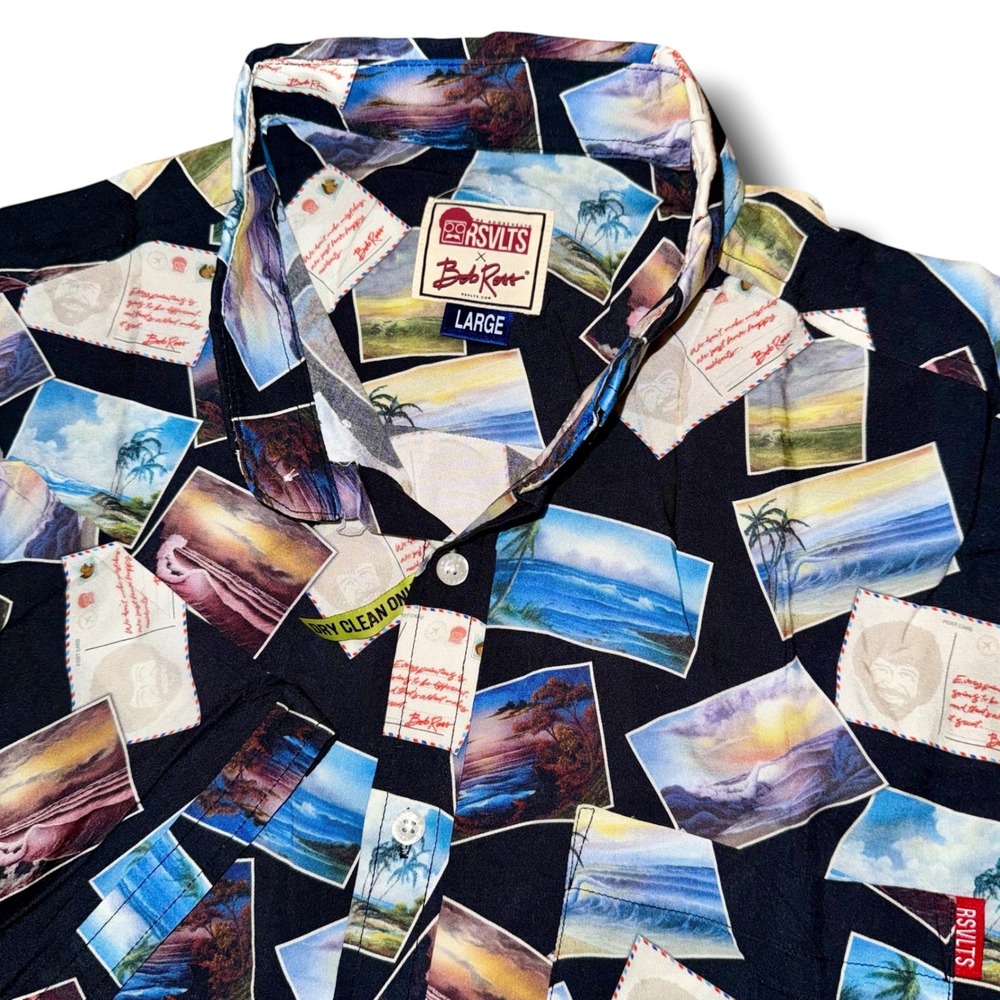 RSVLTS x Bob Ross Postcard Print Shirt Large Short Sleeve Rayon Button Down NWOT